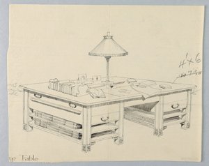 Diseño para mesa de almacenamiento masivo de biblioteca con dos estantes abiertos a cada lado, 1900-05