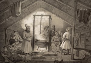 El interior de una cabaña campesina en Finmarken. Ilustración del libro Norge fremstillet i Tegninger de Asbjørnsen, P.Chr. y publicado por Chr. Tønsberg (no, 1848) de Unbekannt