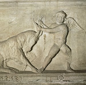 (detalle) de un sarcófago griego de Lidia, que representa a un putto luchando con una cabra de Unbekannt