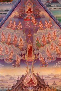 Detalle de una pintura mural en el Uposatha (sala del santuario) del templo Buddhapadipa de Unbekannt
