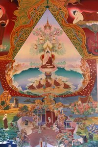 Detalle de una pintura mural en el Uposatha (sala del santuario) del templo Buddhapadipa de Unbekannt
