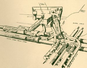 Diagrama de la nueva estación de metro en Oxford Circus, 1930