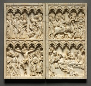 Díptico con escenas de la vida de Cristo ala izquierda: Resurrección de Lázaro y Crucifixión, c. 135 de Unbekannt