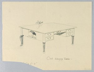 Dibujo, Diseño para una Mesa de Biblioteca con Nicho Lateral y Variación de Pierna Indicada