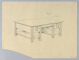 Dibujo, Diseño para Mesa de Biblioteca Masiva con Patas Cuadradas Estriadas y Estantes Abiertos