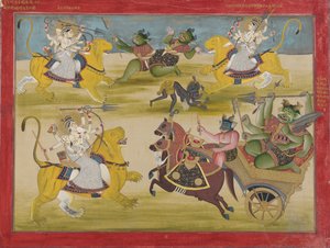 Durga luchando contra los rakshashas Shunga y Nishunga, de un Devi Mahatmya, mediados del siglo XIX