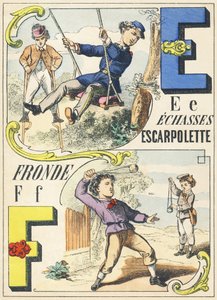 E F: zancos, columpio, honda - Alfabeto de juegos, c.1890 de Unbekannt