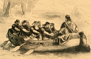 Edgar el Pacífico siendo remado por el río Dee por ocho príncipes tributarios de Unbekannt