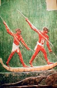 Relieve pintado egipcio de una caza de hipopótamos