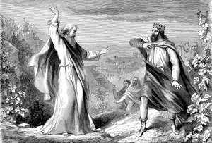 Elías, profeta del Antiguo Testamento, denunciando a Acab, rey idólatra de Israel, en la viña de Nabot de Unbekannt