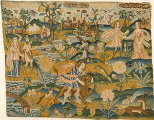 Imagen bordada: Hombre con un león en un paisaje con dos parejas, segunda mitad del siglo XVII de Unbekannt
