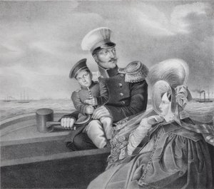 Emperador Nicolás I y la Emperatriz Alexandra Fyodorovna con su hijo Konstantin Nikolaevich en un paseo en bote