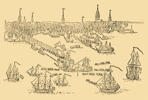 Barcos de guerra ingleses en Boston donde tuvo lugar la Fiesta del Té en 1768, c. 1930 de Unbekannt