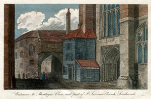 Entrada a Montague Close y parte de la Iglesia de San Salvador, Southwark, Londres, 1814
