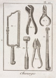 Equipamiento, sierra quirúrgica y otros instrumentos de la era moderna temprana