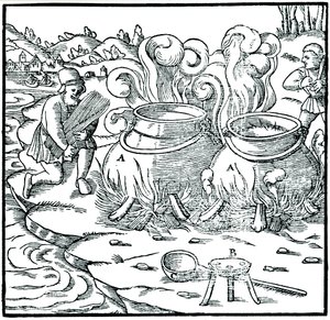 Evaporando agua de mar en ollas de hierro para obtener sal, 1556 de Unbekannt