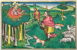 Éxodo 3:1-22 y 4:1-4: la zarza ardiente y Dios armando a Moisés con la vara milagrosa de Unbekannt