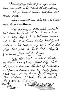Facsímil de la inscripción en una copia de Los papeles póstumos del Club Pickwick, 1839 1912