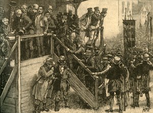 Padre John Murphy liderando a sus inquilinos a votar en la elección parcial de Clare, Irlanda, 1828 c. 1890