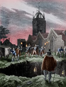 Llenando una fosa común por la noche durante la Plaga de Londres, c1665 de Unbekannt