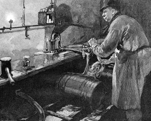 Llenando barriles de cerveza en una cervecería estadounidense, 1885 de Unbekannt