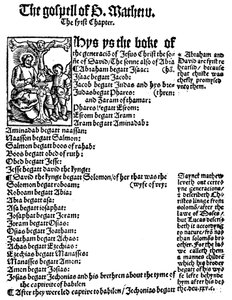 Primera página del Evangelio de San Mateo del Nuevo Testamento en inglés de William Tyndale, 1525 de Unbekannt