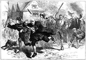 Huida de Thomas Hutchinson ante los alborotadores, Boston, Massachusetts