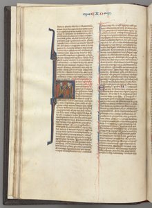 Fol. 20v, Éxodo, inicial historiada H, Moisés y dos seguidores con las tablas de la ley, c. 127 de Unbekannt