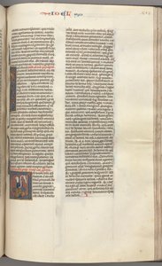 Fol. 353r, Joel, inicial historiada V, Joel sentado con un pergamino, busto de Dios arriba de Unbekannt