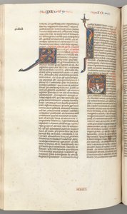 Fol. 357v, Jonás, inicial historiada E, Jonás tragado por la ballena, una ciudad amurallada arriba, c. 1275