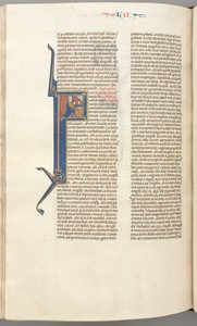 Fol. 412v, Lucas, inicial historiada F, Lucas rezando en un altar, busto de Dios arriba, c. 1275-1300