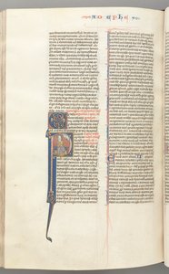 Fol. 450v, Efesios, inicial historiada P, Pablo sentado con una espada, el busto de Dios arriba, c. 127