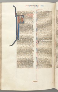 Fol. 453v, Colosenses, inicial historiada P, Pablo hablando con el busto de Dios arriba