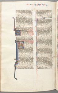 Fol. 454v, Tesalonicenses I, inicial historiada P, Pablo sentado con una espada y un libro