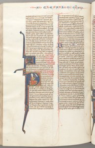 Fol. 455v, Tesalonicenses II, inicial historiada P, Pablo sentado con una espada..., c. 1275-1300