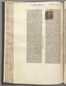 Fol. 76v, Josué, inicial historiada E, Josué con un pergamino arrodillado ante Dios, c. 1275-1300