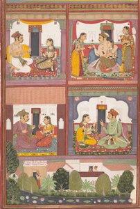 Cuatro Escenas de Amor y un Paisaje: Página de un Raskapriya Disperso, ca. 1700 de Unbekannt