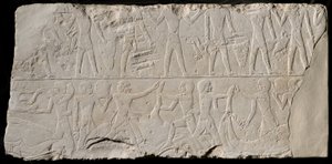 Fragmento de una pared de tumba que representa portadores de ofrendas y carniceros, Egipto, Reino Antiguo