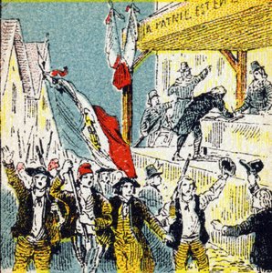 Revolución Francesa: los coros voluntarios de los revolucionarios. Grabado en "Histoire de France". Serie de imágenes publicitarias publicadas en nombre de Louit, 24 rue d