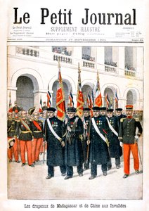 Veteranos de guerra franceses portando banderas de las campañas de Madagascar y China, 1901