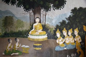 Fresco que representa una escena de la vida del Buda en Wat Phra Doi Suthep, Chiang Mai. Buda recibiendo limosnas. Tailandia