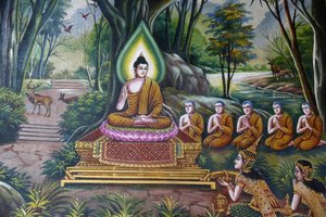 Fresco que representa al Buda con seguidores en Wat Chiang Mun, Chiang Mai. Tailandia de Unbekannt