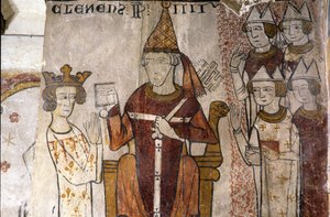 Fresco de la Torre Ferrande en Pernes-les-Fontaines (Pernes les Fontaines, Vaucluse (84)) del siglo XIII: Carlos I de Anjou (1226-1285) fue investido en el Reino de Sicilia el 28/06/1265 por el Papa Clemente IV (v. 1195-1268). de Unbekannt