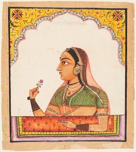 De una serie de retratos femeninos: Una dama en una ventana jharoka sosteniendo una rosa, c. 1730 de Unbekannt