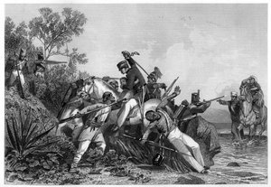 Oficiales británicos fugitivos y sus familias atacados por amotinados, 1857, c1860