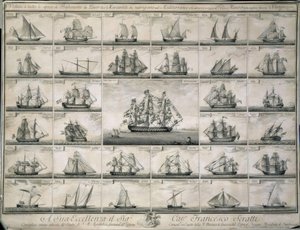 Grabado de los barcos de guerra y mercantes que navegaron en el Mediterráneo