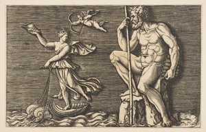 Galatea escapando de Polifemo, él está sentado en una roca sosteniendo un bastón y flautas, ca. 1515-1600 de Unbekannt