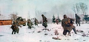 Infantería alemana siguiendo un tanque hacia Moscú en la nieve, Rusia de Unbekannt