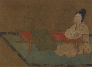 Niña sentada en un bastidor de bordado, dinastía Ming, siglo XV