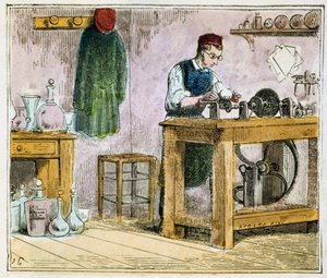 Cortador de vidrio decorando vajilla en una rueda de carburo de silicio, 1867